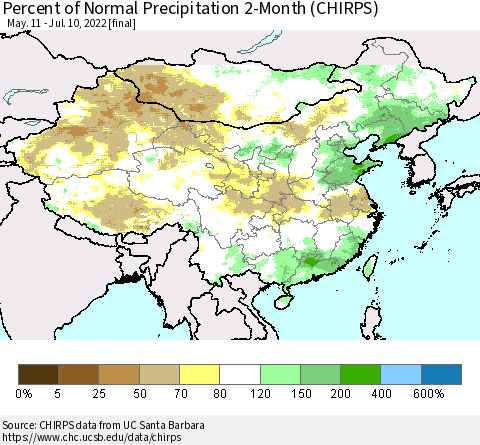 China, Mongolia and Taiwan Percent of Normal Precipitation 2-Month (CHIRPS) Thematic Map For 5/11/2022 - 7/10/2022
