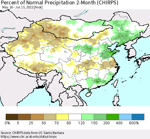 China, Mongolia and Taiwan Percent of Normal Precipitation 2-Month (CHIRPS) Thematic Map For 5/16/2022 - 7/15/2022