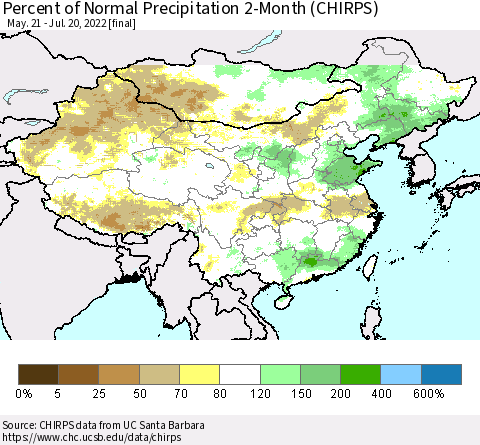 China, Mongolia and Taiwan Percent of Normal Precipitation 2-Month (CHIRPS) Thematic Map For 5/21/2022 - 7/20/2022