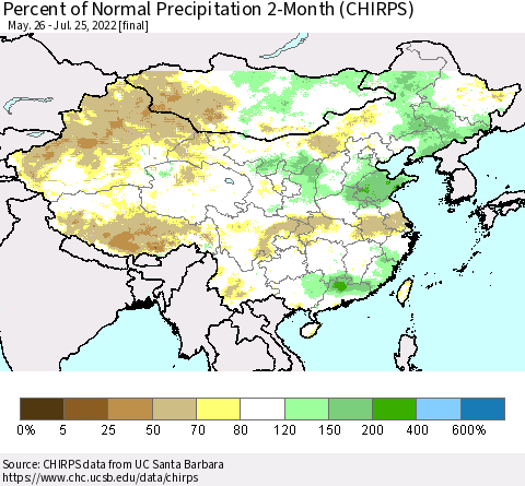 China, Mongolia and Taiwan Percent of Normal Precipitation 2-Month (CHIRPS) Thematic Map For 5/26/2022 - 7/25/2022