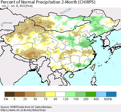 China, Mongolia and Taiwan Percent of Normal Precipitation 2-Month (CHIRPS) Thematic Map For 6/1/2022 - 7/31/2022