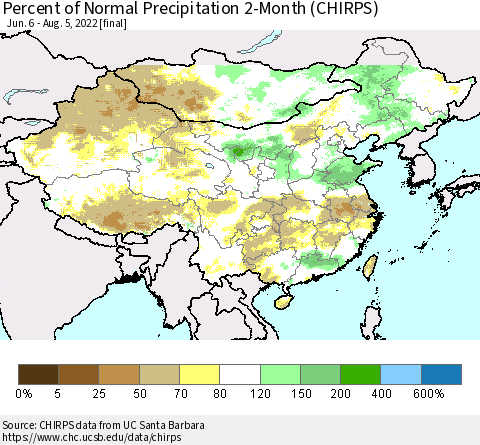 China, Mongolia and Taiwan Percent of Normal Precipitation 2-Month (CHIRPS) Thematic Map For 6/6/2022 - 8/5/2022