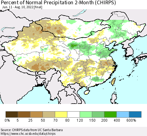 China, Mongolia and Taiwan Percent of Normal Precipitation 2-Month (CHIRPS) Thematic Map For 6/11/2022 - 8/10/2022