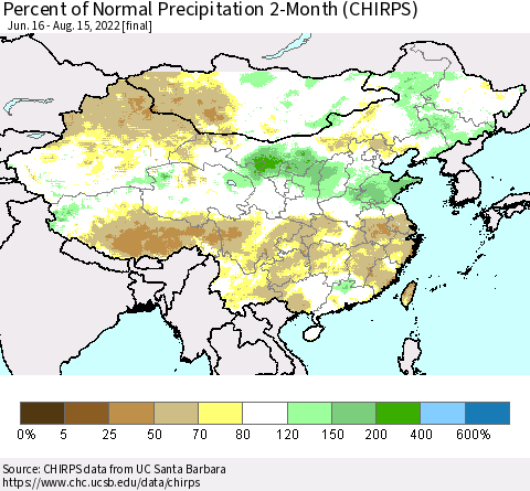 China, Mongolia and Taiwan Percent of Normal Precipitation 2-Month (CHIRPS) Thematic Map For 6/16/2022 - 8/15/2022