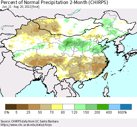 China, Mongolia and Taiwan Percent of Normal Precipitation 2-Month (CHIRPS) Thematic Map For 6/21/2022 - 8/20/2022