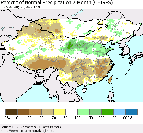 China, Mongolia and Taiwan Percent of Normal Precipitation 2-Month (CHIRPS) Thematic Map For 6/26/2022 - 8/25/2022