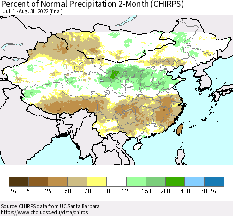 China, Mongolia and Taiwan Percent of Normal Precipitation 2-Month (CHIRPS) Thematic Map For 7/1/2022 - 8/31/2022