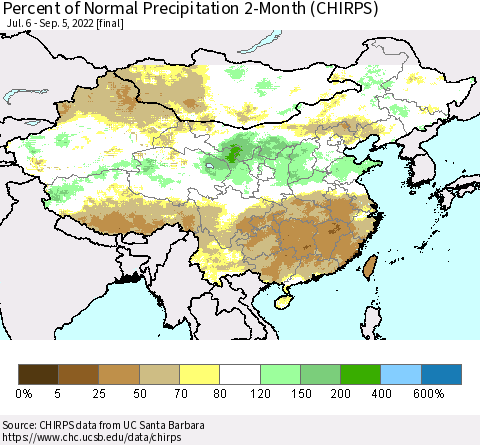 China, Mongolia and Taiwan Percent of Normal Precipitation 2-Month (CHIRPS) Thematic Map For 7/6/2022 - 9/5/2022
