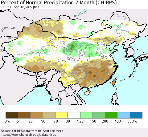 China, Mongolia and Taiwan Percent of Normal Precipitation 2-Month (CHIRPS) Thematic Map For 7/11/2022 - 9/10/2022