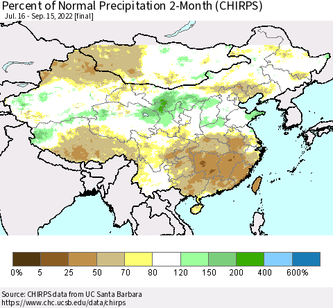 China, Mongolia and Taiwan Percent of Normal Precipitation 2-Month (CHIRPS) Thematic Map For 7/16/2022 - 9/15/2022