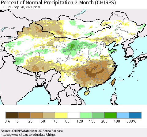 China, Mongolia and Taiwan Percent of Normal Precipitation 2-Month (CHIRPS) Thematic Map For 7/21/2022 - 9/20/2022