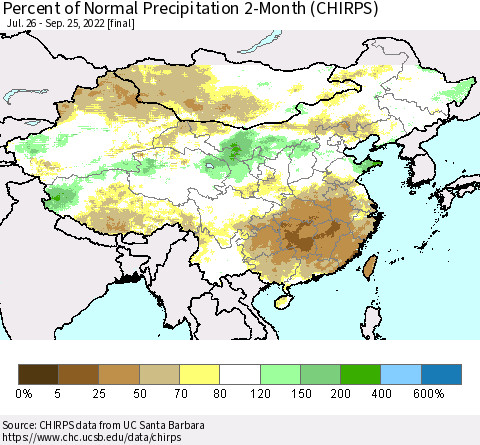 China, Mongolia and Taiwan Percent of Normal Precipitation 2-Month (CHIRPS) Thematic Map For 7/26/2022 - 9/25/2022