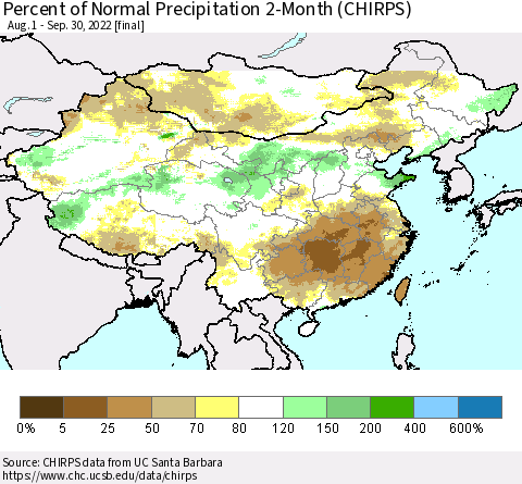 China, Mongolia and Taiwan Percent of Normal Precipitation 2-Month (CHIRPS) Thematic Map For 8/1/2022 - 9/30/2022