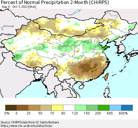 China, Mongolia and Taiwan Percent of Normal Precipitation 2-Month (CHIRPS) Thematic Map For 8/6/2022 - 10/5/2022
