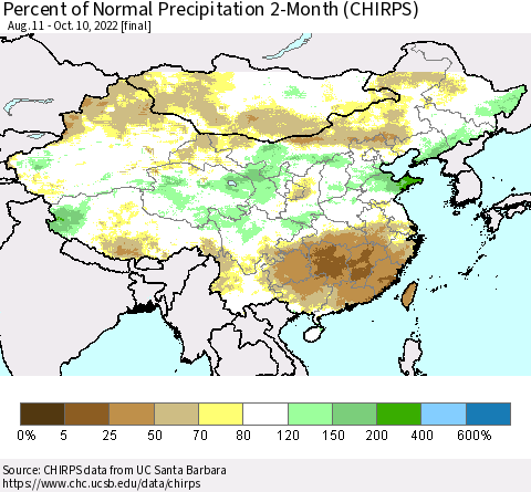 China, Mongolia and Taiwan Percent of Normal Precipitation 2-Month (CHIRPS) Thematic Map For 8/11/2022 - 10/10/2022