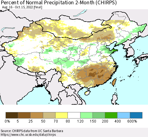 China, Mongolia and Taiwan Percent of Normal Precipitation 2-Month (CHIRPS) Thematic Map For 8/16/2022 - 10/15/2022