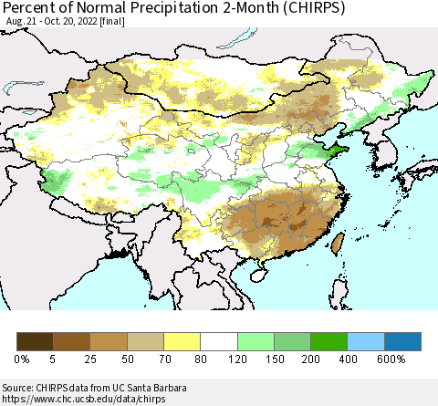 China, Mongolia and Taiwan Percent of Normal Precipitation 2-Month (CHIRPS) Thematic Map For 8/21/2022 - 10/20/2022