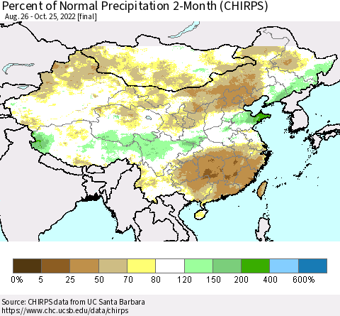 China, Mongolia and Taiwan Percent of Normal Precipitation 2-Month (CHIRPS) Thematic Map For 8/26/2022 - 10/25/2022