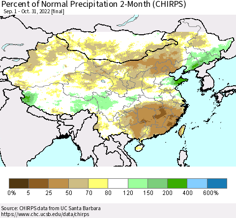 China, Mongolia and Taiwan Percent of Normal Precipitation 2-Month (CHIRPS) Thematic Map For 9/1/2022 - 10/31/2022