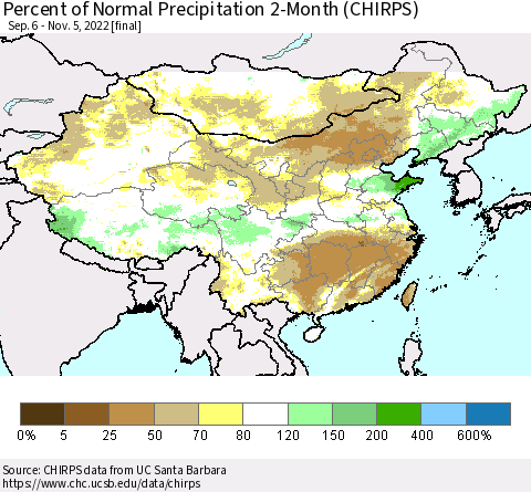 China, Mongolia and Taiwan Percent of Normal Precipitation 2-Month (CHIRPS) Thematic Map For 9/6/2022 - 11/5/2022