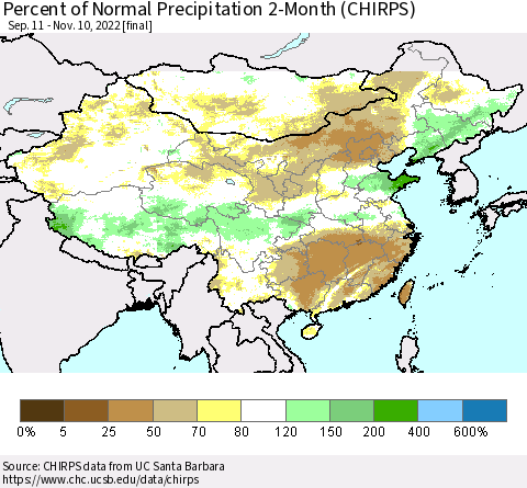 China, Mongolia and Taiwan Percent of Normal Precipitation 2-Month (CHIRPS) Thematic Map For 9/11/2022 - 11/10/2022