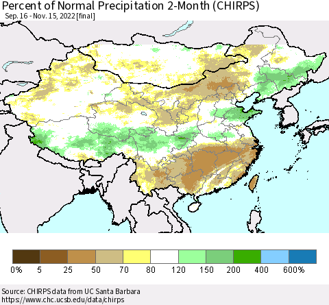 China, Mongolia and Taiwan Percent of Normal Precipitation 2-Month (CHIRPS) Thematic Map For 9/16/2022 - 11/15/2022