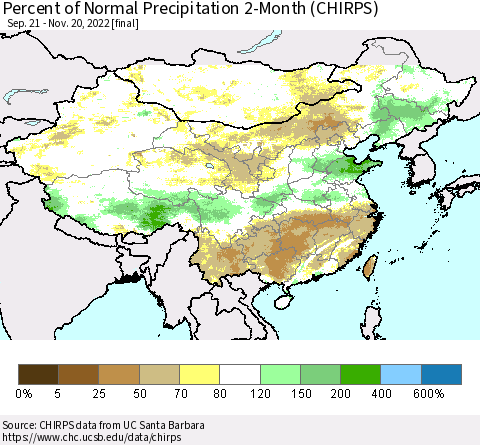 China, Mongolia and Taiwan Percent of Normal Precipitation 2-Month (CHIRPS) Thematic Map For 9/21/2022 - 11/20/2022