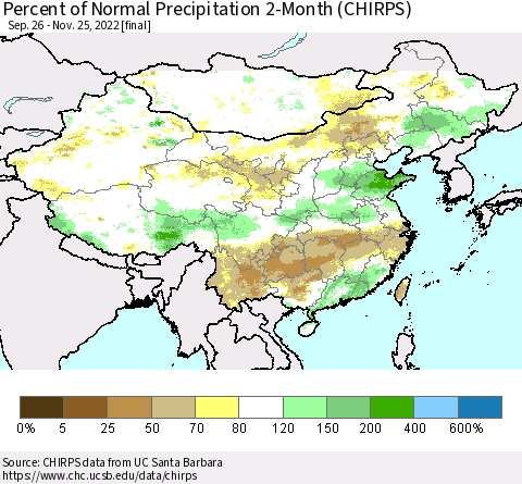China, Mongolia and Taiwan Percent of Normal Precipitation 2-Month (CHIRPS) Thematic Map For 9/26/2022 - 11/25/2022