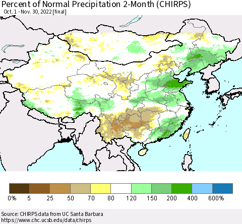 China, Mongolia and Taiwan Percent of Normal Precipitation 2-Month (CHIRPS) Thematic Map For 10/1/2022 - 11/30/2022