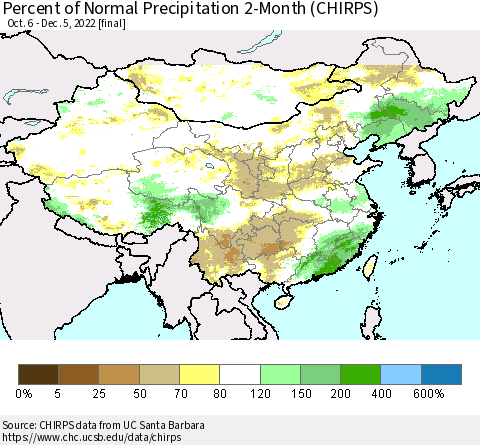 China, Mongolia and Taiwan Percent of Normal Precipitation 2-Month (CHIRPS) Thematic Map For 10/6/2022 - 12/5/2022
