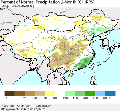 China, Mongolia and Taiwan Percent of Normal Precipitation 2-Month (CHIRPS) Thematic Map For 10/11/2022 - 12/10/2022