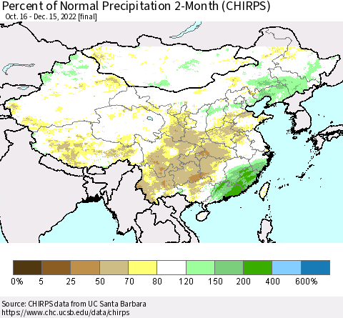 China, Mongolia and Taiwan Percent of Normal Precipitation 2-Month (CHIRPS) Thematic Map For 10/16/2022 - 12/15/2022