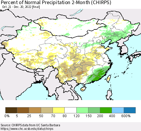China, Mongolia and Taiwan Percent of Normal Precipitation 2-Month (CHIRPS) Thematic Map For 10/21/2022 - 12/20/2022
