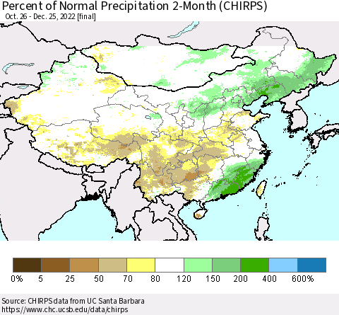 China, Mongolia and Taiwan Percent of Normal Precipitation 2-Month (CHIRPS) Thematic Map For 10/26/2022 - 12/25/2022
