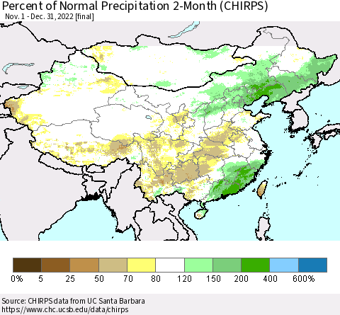 China, Mongolia and Taiwan Percent of Normal Precipitation 2-Month (CHIRPS) Thematic Map For 11/1/2022 - 12/31/2022