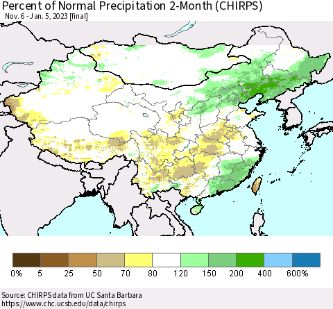 China, Mongolia and Taiwan Percent of Normal Precipitation 2-Month (CHIRPS) Thematic Map For 11/6/2022 - 1/5/2023