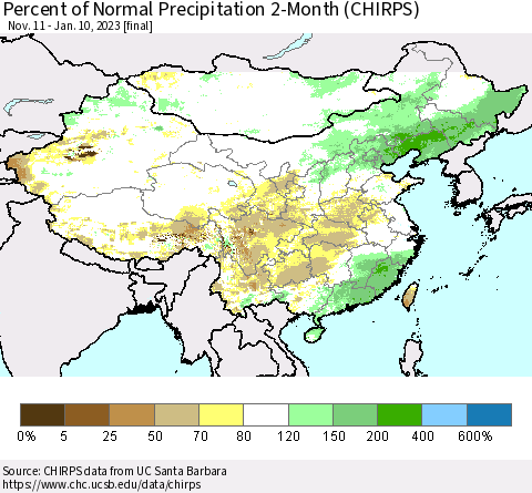 China, Mongolia and Taiwan Percent of Normal Precipitation 2-Month (CHIRPS) Thematic Map For 11/11/2022 - 1/10/2023