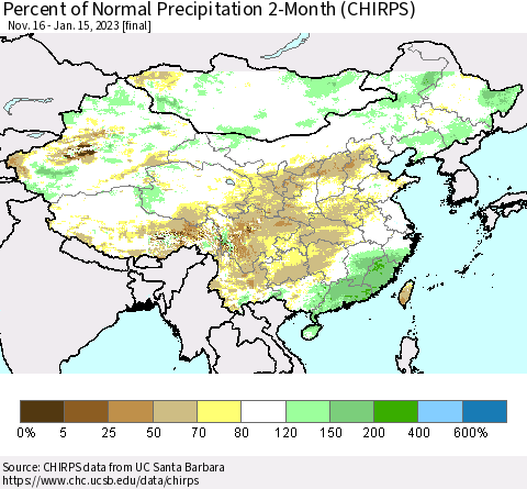 China, Mongolia and Taiwan Percent of Normal Precipitation 2-Month (CHIRPS) Thematic Map For 11/16/2022 - 1/15/2023