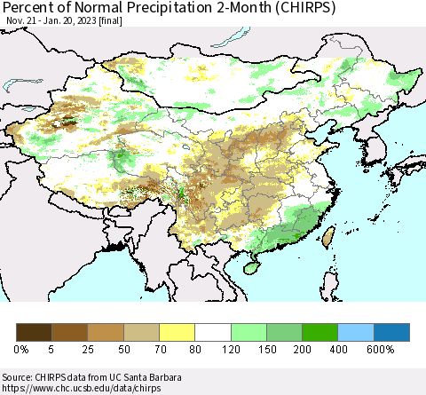 China, Mongolia and Taiwan Percent of Normal Precipitation 2-Month (CHIRPS) Thematic Map For 11/21/2022 - 1/20/2023