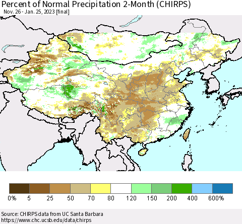 China, Mongolia and Taiwan Percent of Normal Precipitation 2-Month (CHIRPS) Thematic Map For 11/26/2022 - 1/25/2023