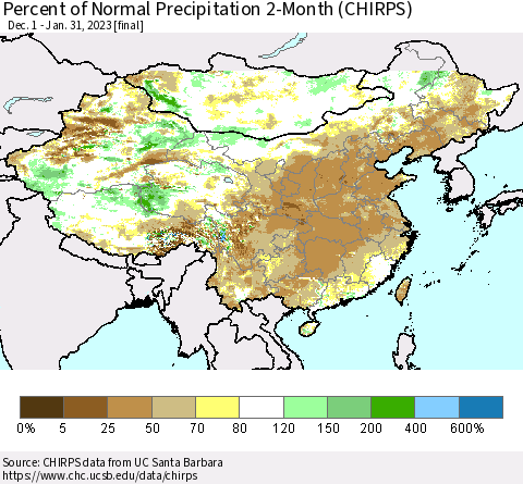 China, Mongolia and Taiwan Percent of Normal Precipitation 2-Month (CHIRPS) Thematic Map For 12/1/2022 - 1/31/2023