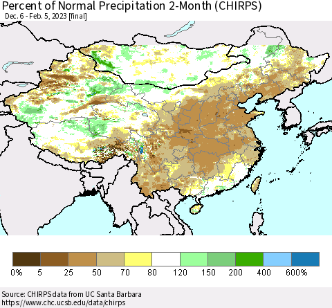China, Mongolia and Taiwan Percent of Normal Precipitation 2-Month (CHIRPS) Thematic Map For 12/6/2022 - 2/5/2023