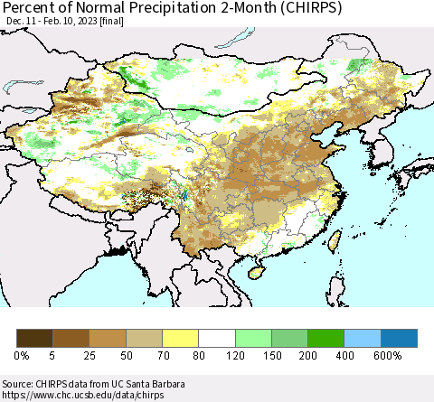 China, Mongolia and Taiwan Percent of Normal Precipitation 2-Month (CHIRPS) Thematic Map For 12/11/2022 - 2/10/2023