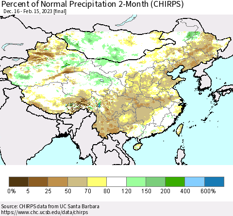 China, Mongolia and Taiwan Percent of Normal Precipitation 2-Month (CHIRPS) Thematic Map For 12/16/2022 - 2/15/2023