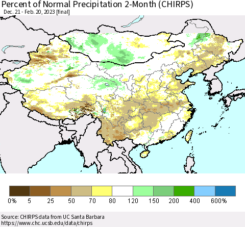 China, Mongolia and Taiwan Percent of Normal Precipitation 2-Month (CHIRPS) Thematic Map For 12/21/2022 - 2/20/2023