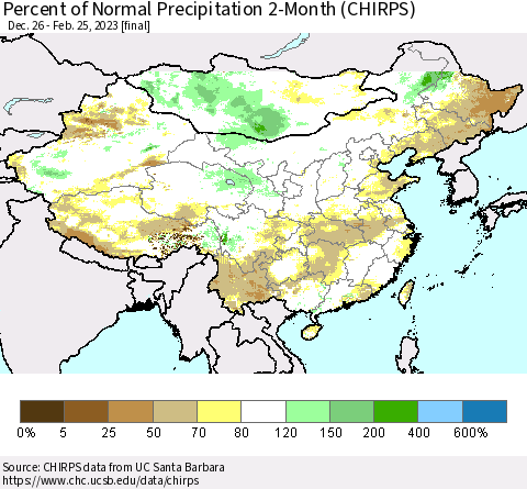 China, Mongolia and Taiwan Percent of Normal Precipitation 2-Month (CHIRPS) Thematic Map For 12/26/2022 - 2/25/2023