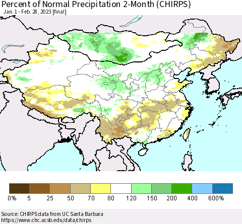 China, Mongolia and Taiwan Percent of Normal Precipitation 2-Month (CHIRPS) Thematic Map For 1/1/2023 - 2/28/2023