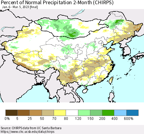 China, Mongolia and Taiwan Percent of Normal Precipitation 2-Month (CHIRPS) Thematic Map For 1/6/2023 - 3/5/2023