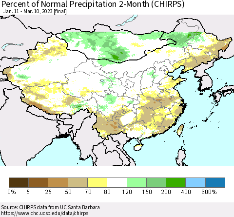 China, Mongolia and Taiwan Percent of Normal Precipitation 2-Month (CHIRPS) Thematic Map For 1/11/2023 - 3/10/2023