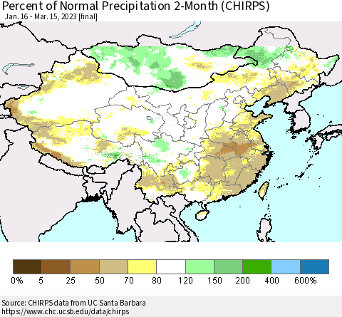 China, Mongolia and Taiwan Percent of Normal Precipitation 2-Month (CHIRPS) Thematic Map For 1/16/2023 - 3/15/2023
